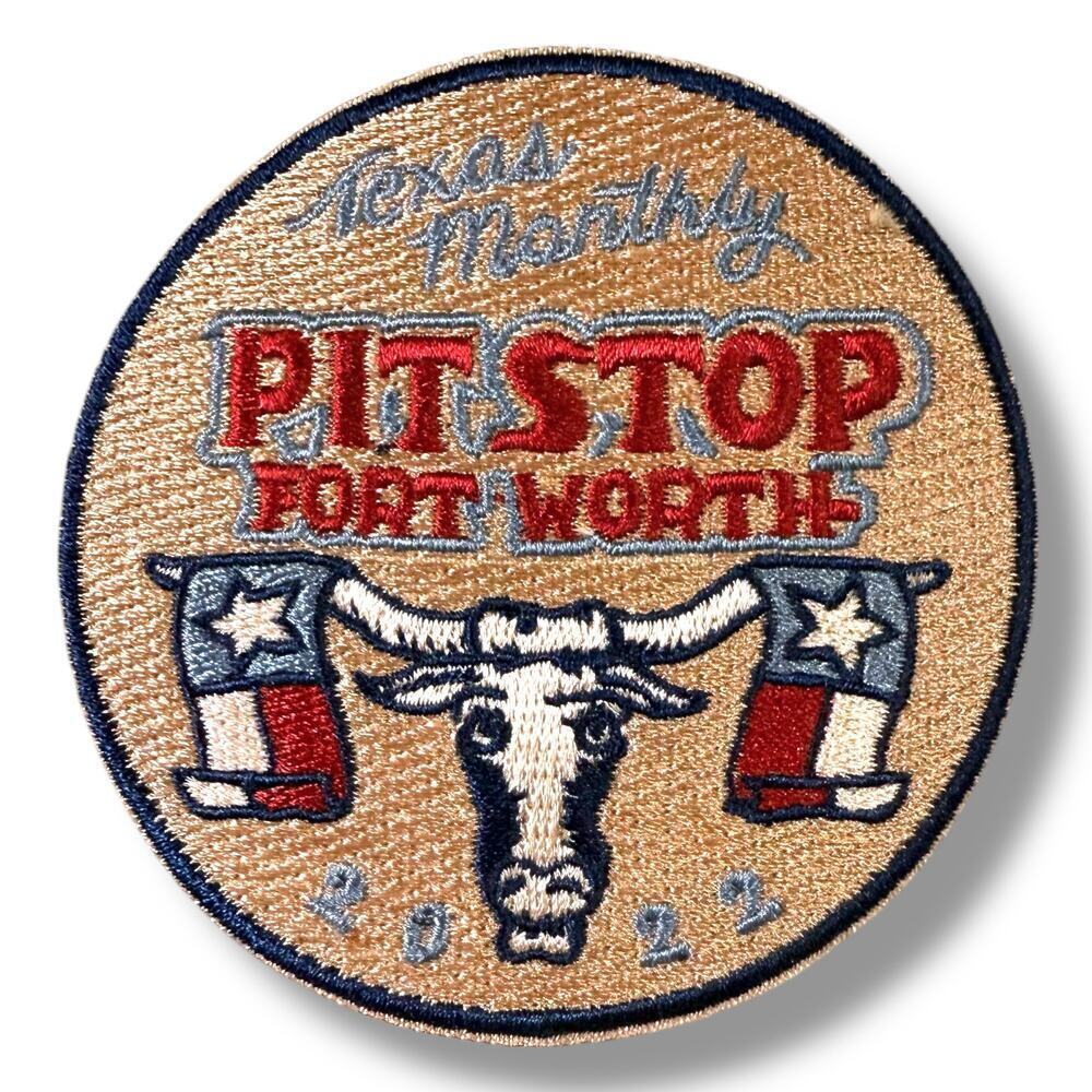 Texas Monthly Pit Stop Embroidered Patch Iron On Long Horn 3 in x 3 in